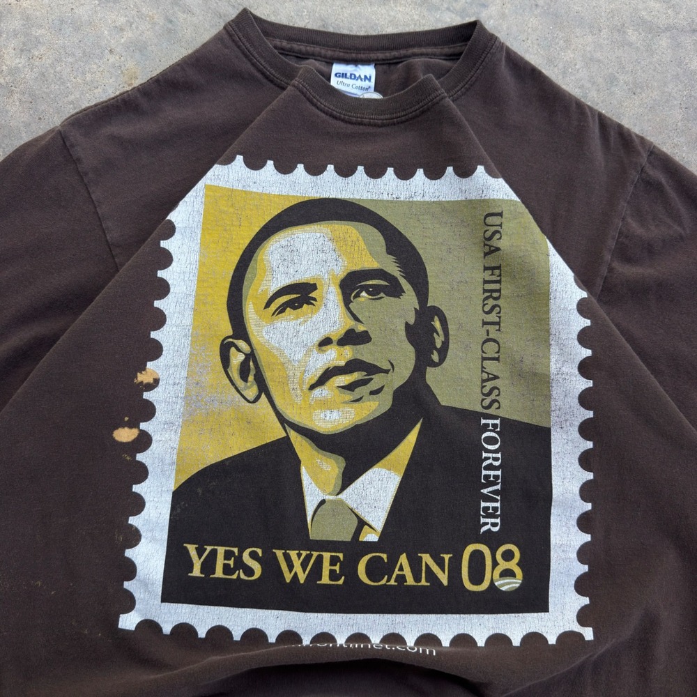 Vintage Y2K Obama 08 Election Promo Shirt Brown Earth Tones Size M (L2)
